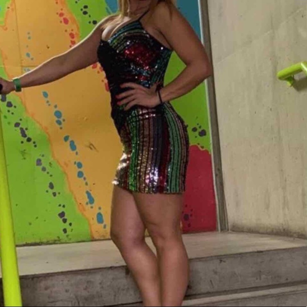 Parker Black Mini Sequence Stripe Side Ruched Dre… - image 1